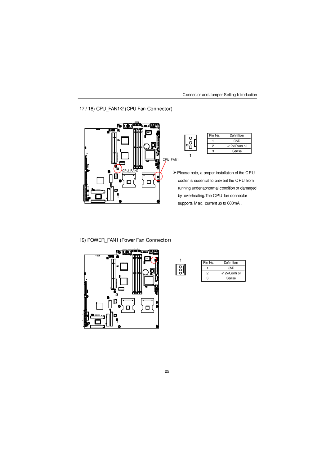 Gigabyte GS-SR125EDL user manual 17 / 18 CPUFAN1/2 CPU Fan Connector, POWERFAN1 Power Fan Connector 