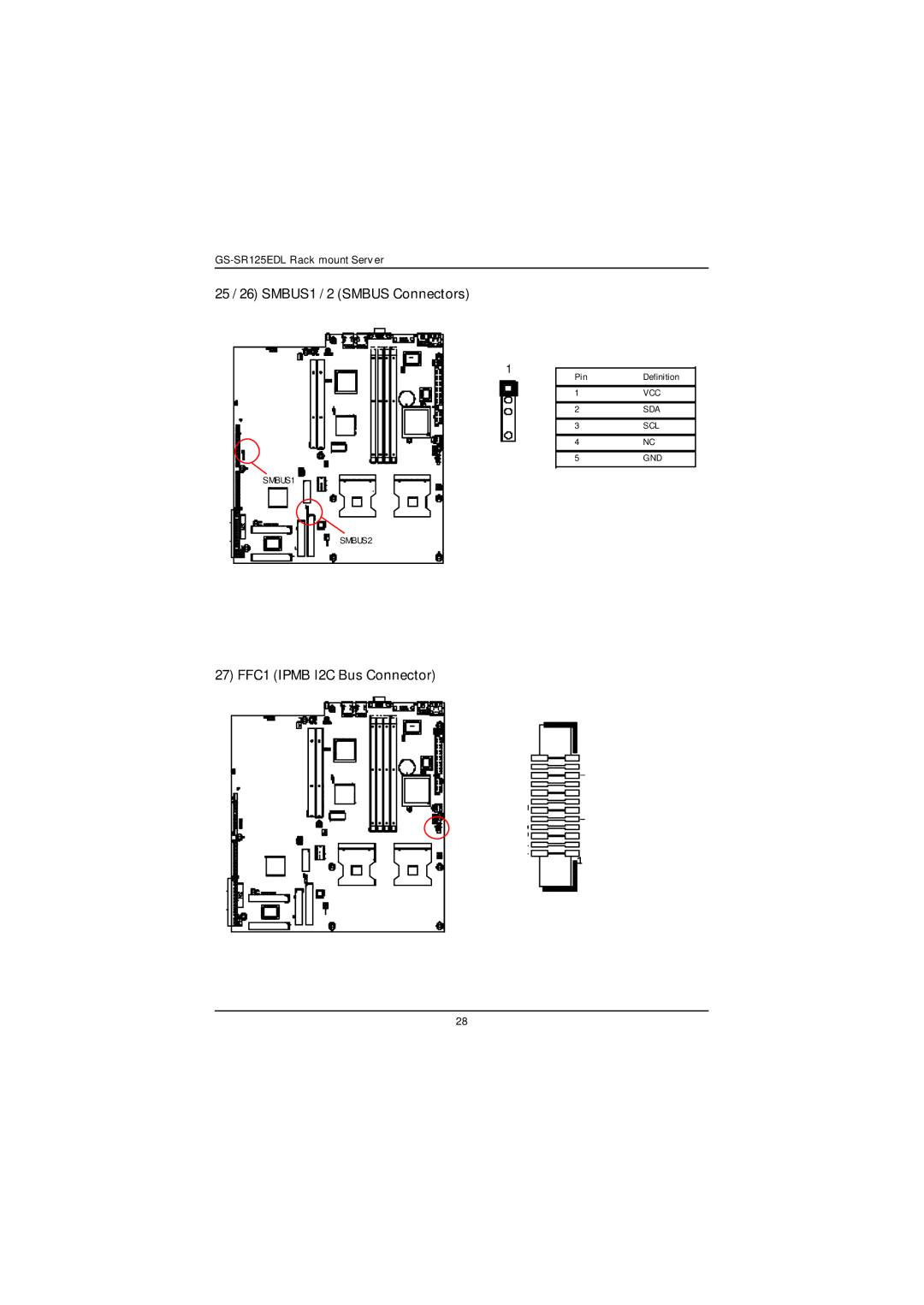 Gigabyte GS-SR125EDL user manual 25 / 26 SMBUS1 / 2 Smbus Connectors, 27 FFC1 Ipmb I2C Bus Connector 