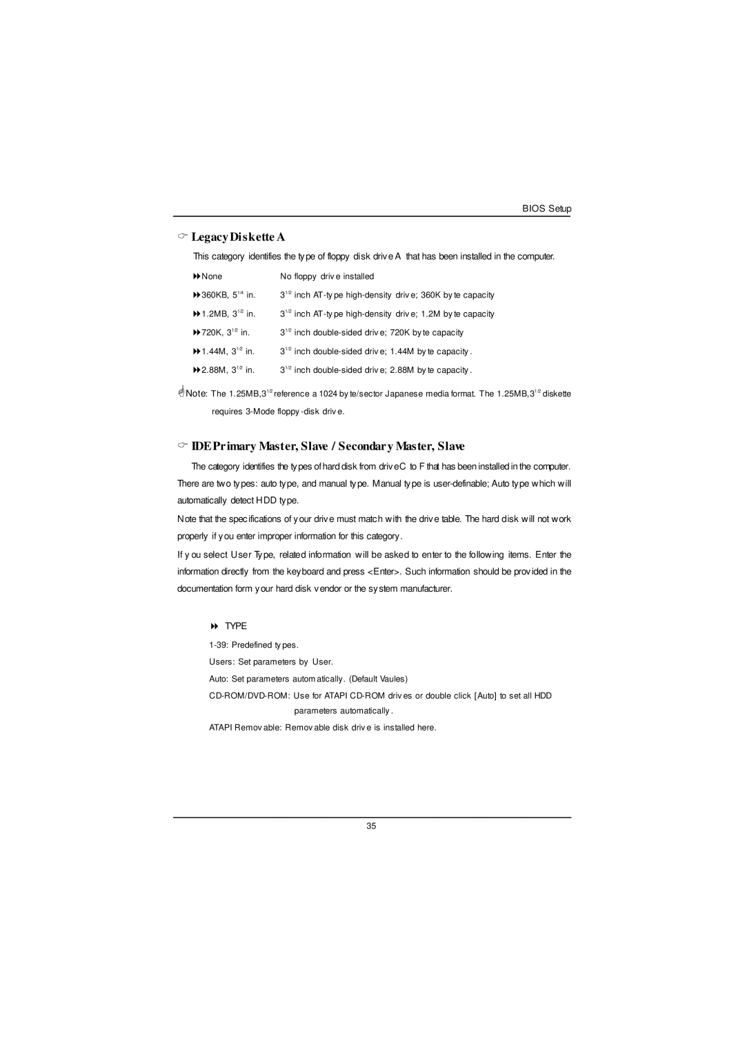 Gigabyte GS-SR125EDL user manual Legacy Diskette a, IDE Primary Master, Slave / Secondary Master, Slave 