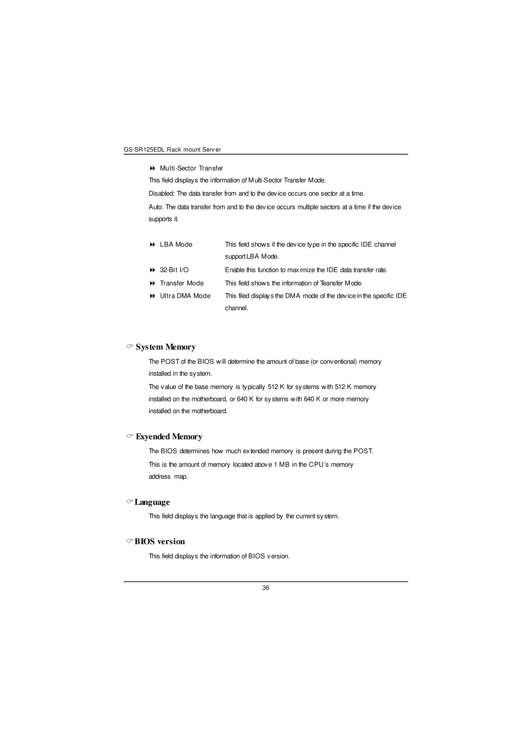 Gigabyte GS-SR125EDL user manual System Memory, Exyended Memory, CLanguage, Cbios version 