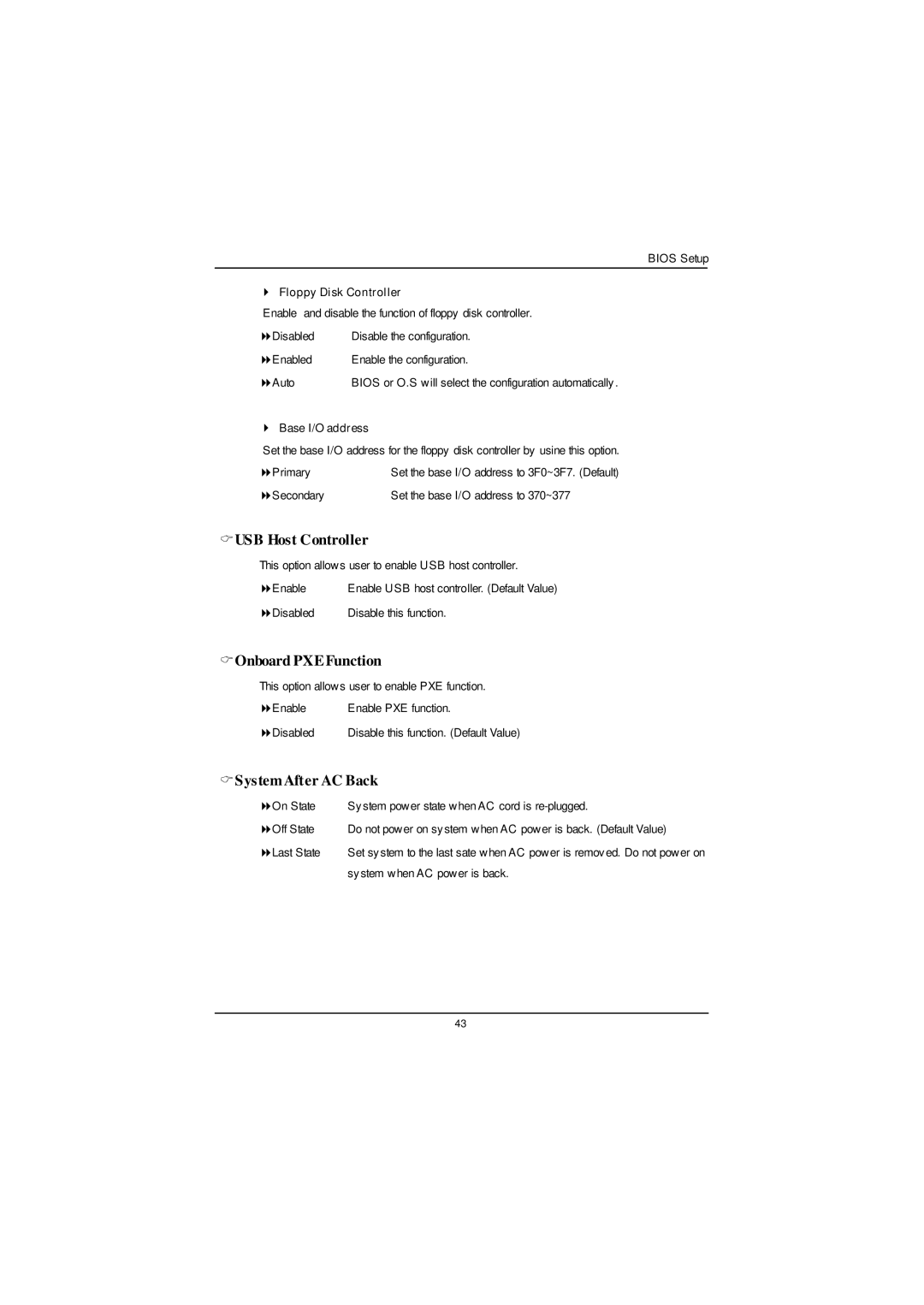 Gigabyte GS-SR125EDL user manual Cusb Host Controller, COnboard PXE Function, CSystem After AC Back 