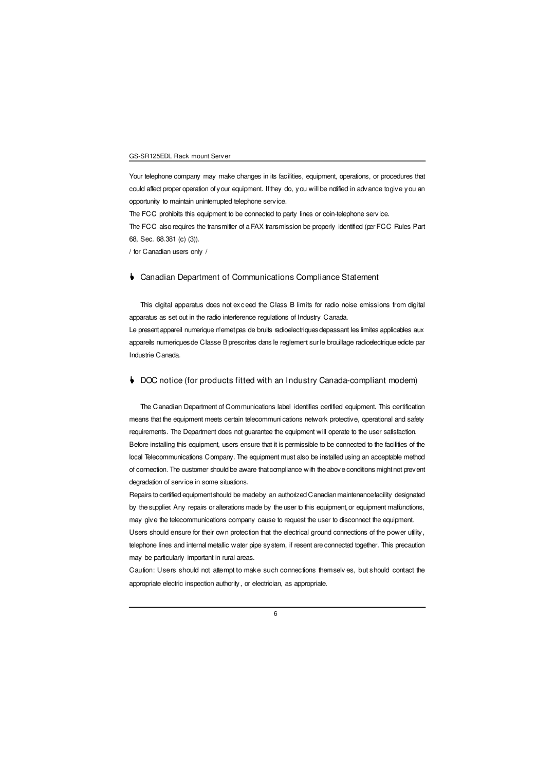 Gigabyte GS-SR125EDL user manual Canadian Department of Communications Compliance Statement 