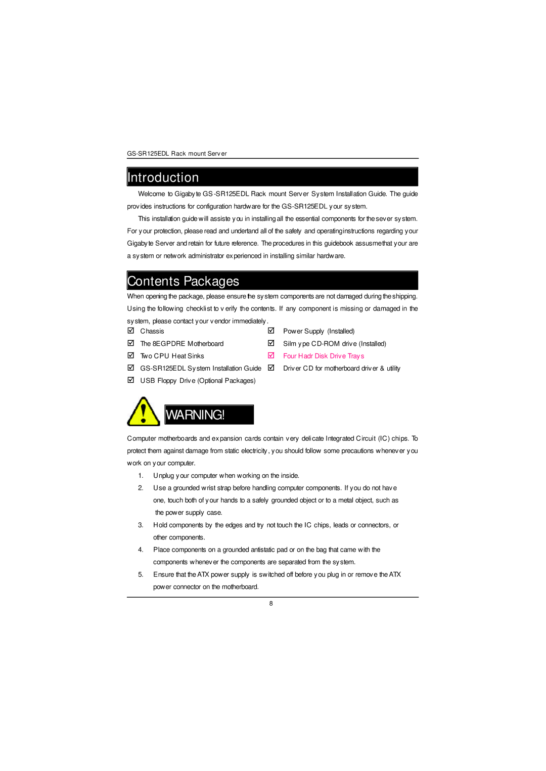 Gigabyte GS-SR125EDL user manual Introduction, Contents Packages 