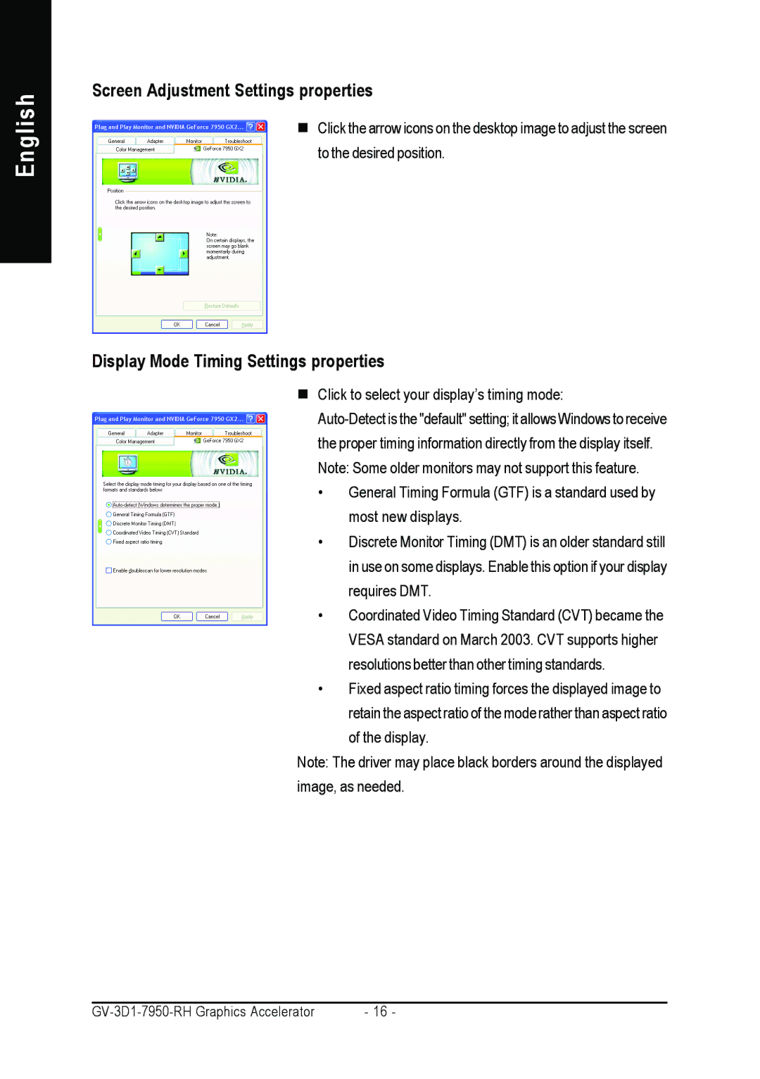 Gigabyte GV-3D1-7950-RH user manual Screen Adjustment Settings properties, Display Mode Timing Settings properties 