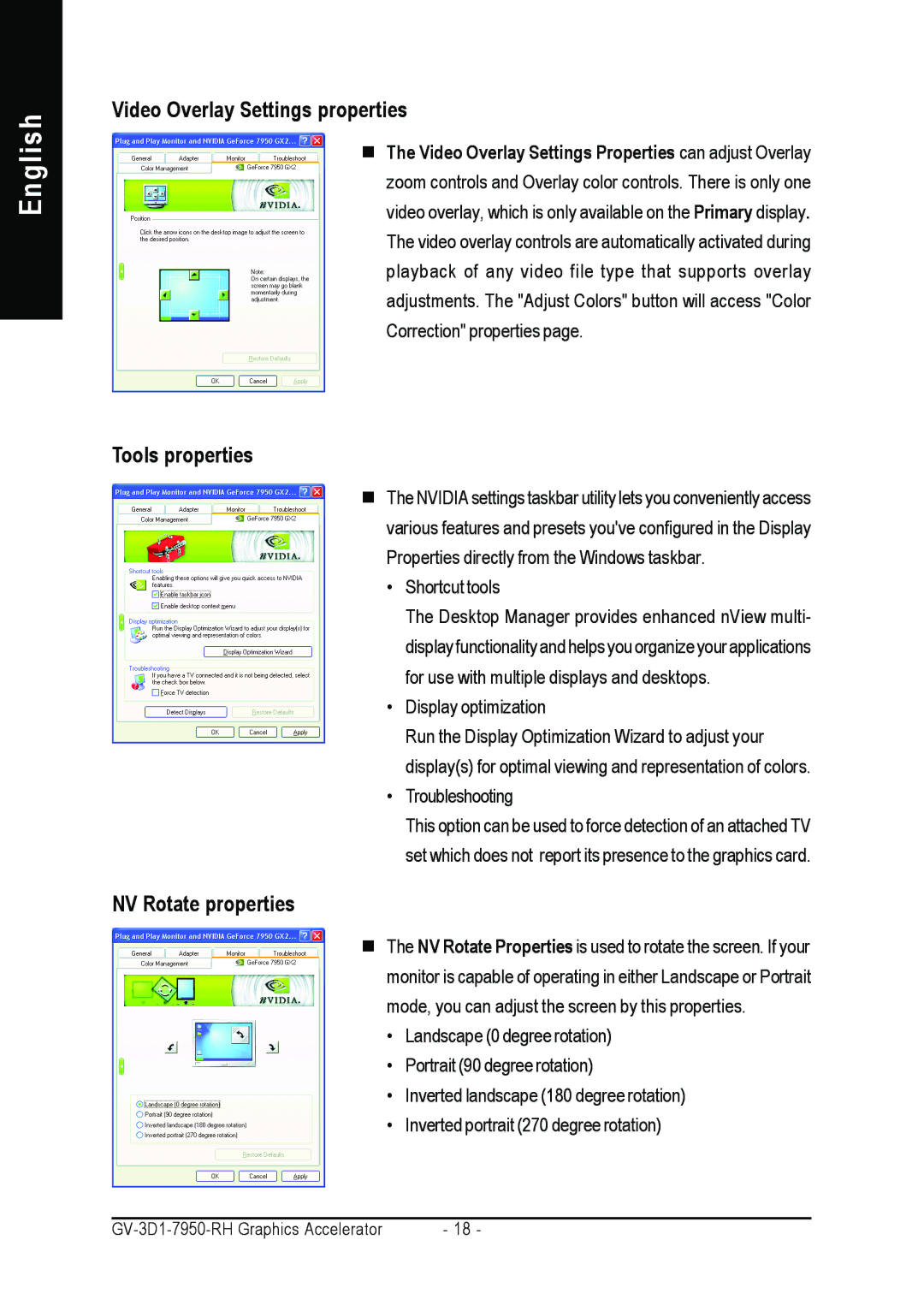 Gigabyte GV-3D1-7950-RH user manual Video Overlay Settings properties, Tools properties, NV Rotate properties 