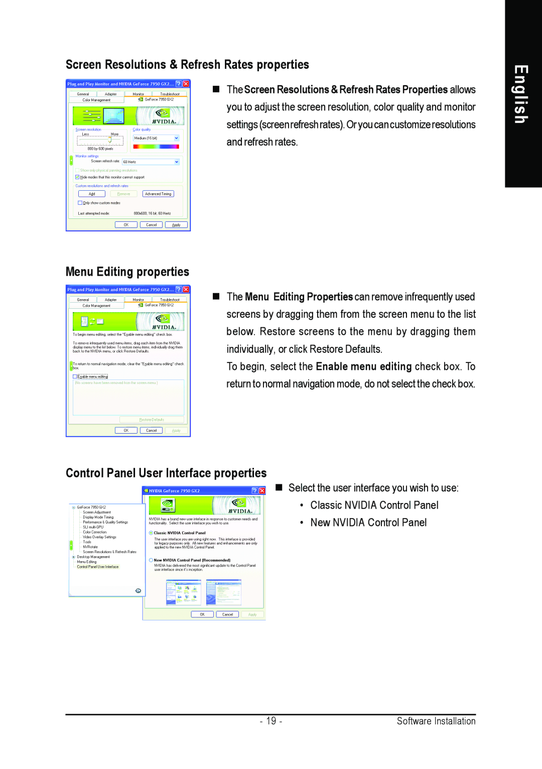 Gigabyte GV-3D1-7950-RH user manual Screen Resolutions & Refresh Rates properties, Menu Editing properties 