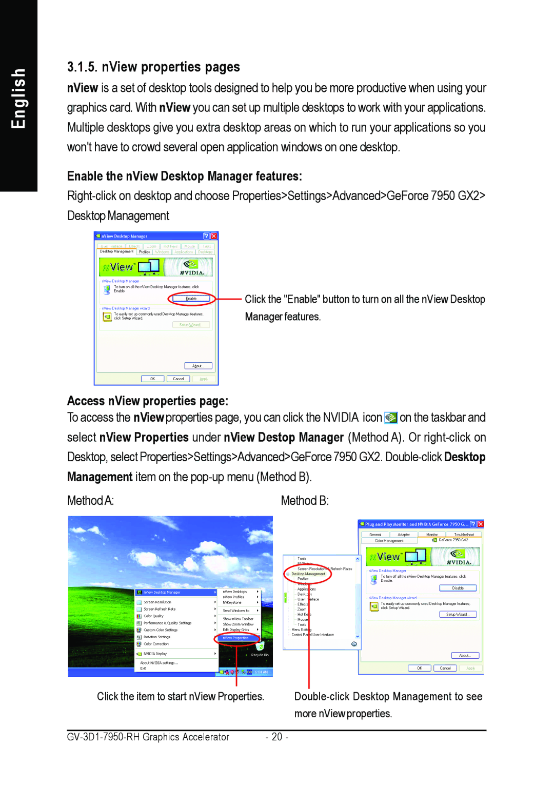 Gigabyte GV-3D1-7950-RH user manual Enable the nView Desktop Manager features, Access nView properties 