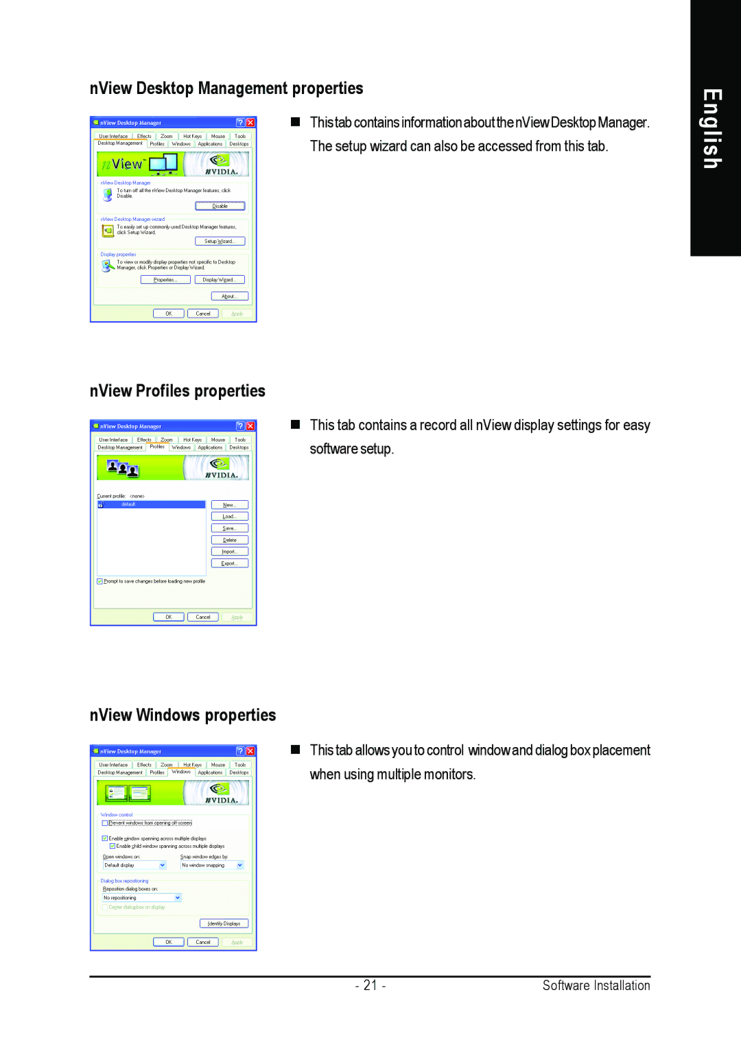 Gigabyte GV-3D1-7950-RH NView Desktop Management properties, NView Profiles properties, NView Windows properties 