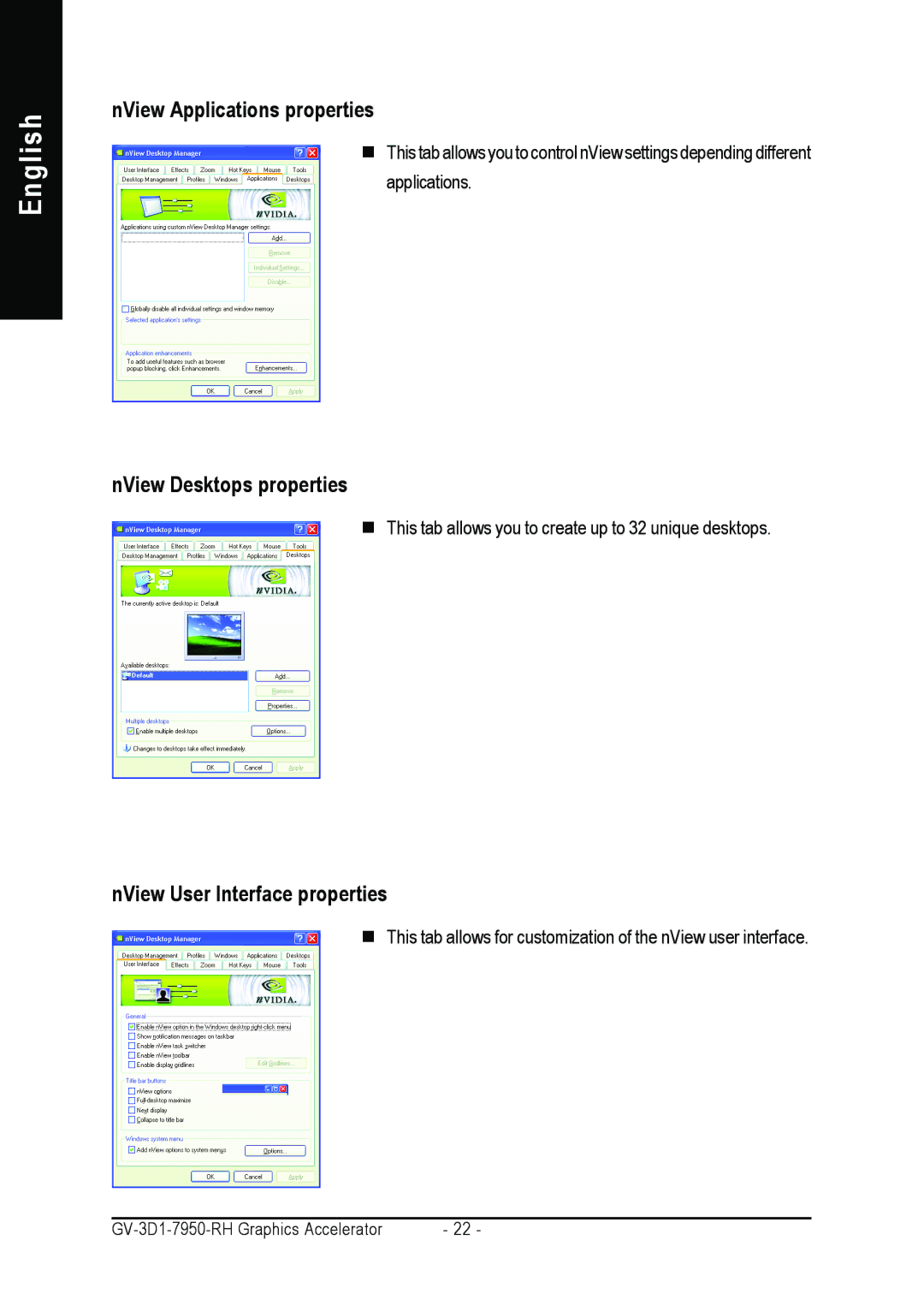 Gigabyte GV-3D1-7950-RH NView Applications properties, NView Desktops properties, NView User Interface properties 