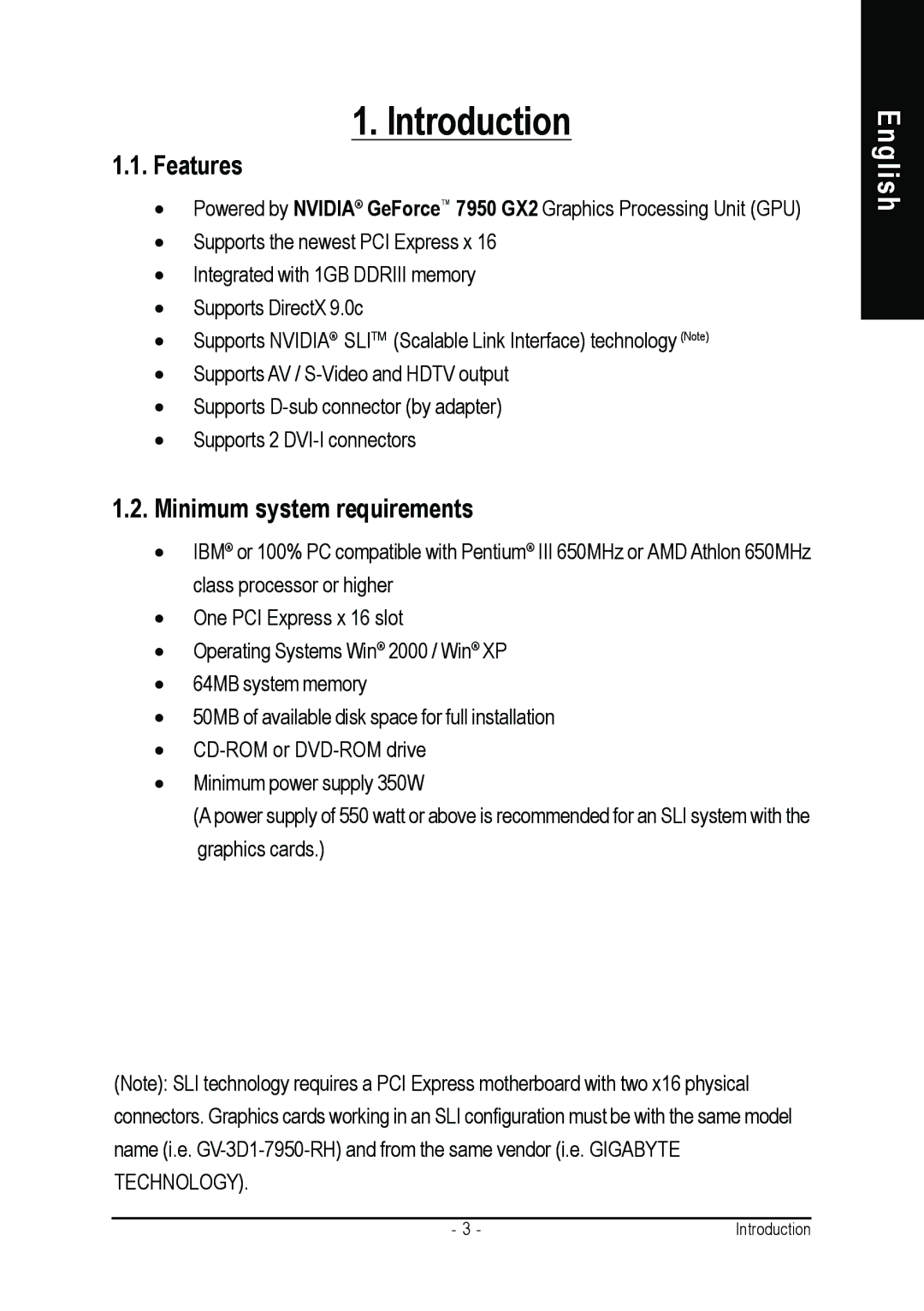 Gigabyte GV-3D1-7950-RH user manual Introduction, Features, Minimum system requirements 