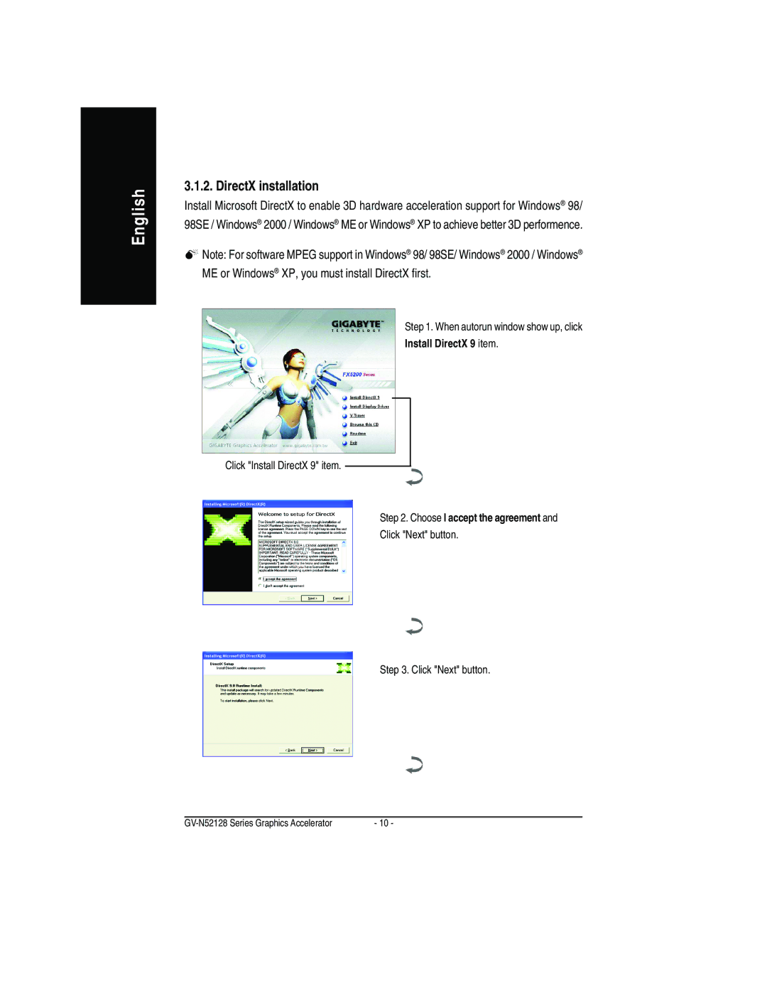 Gigabyte GV-N52128D user manual DirectX installation, Choose I accept the agreement 