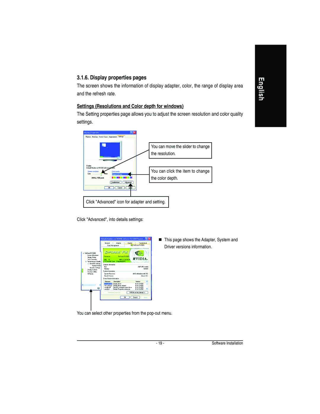 Gigabyte GV-N52128D user manual Display properties pages, Refresh rate, Settings Resolutions and Color depth for windows 