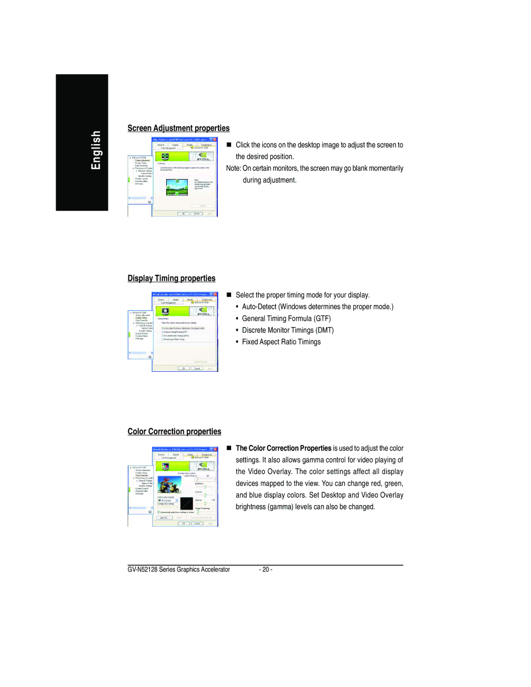 Gigabyte GV-N52128D user manual Screen Adjustment properties, Display Timing properties, Color Correction properties 