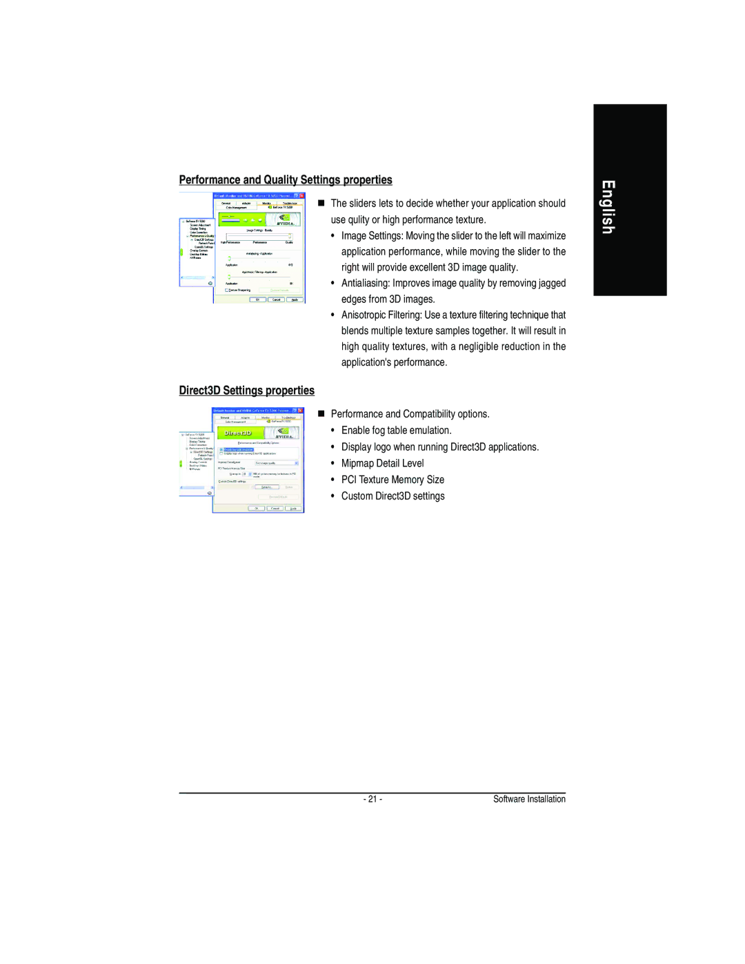 Gigabyte GV-N52128D user manual Performance and Quality Settings properties, Direct3D Settings properties 