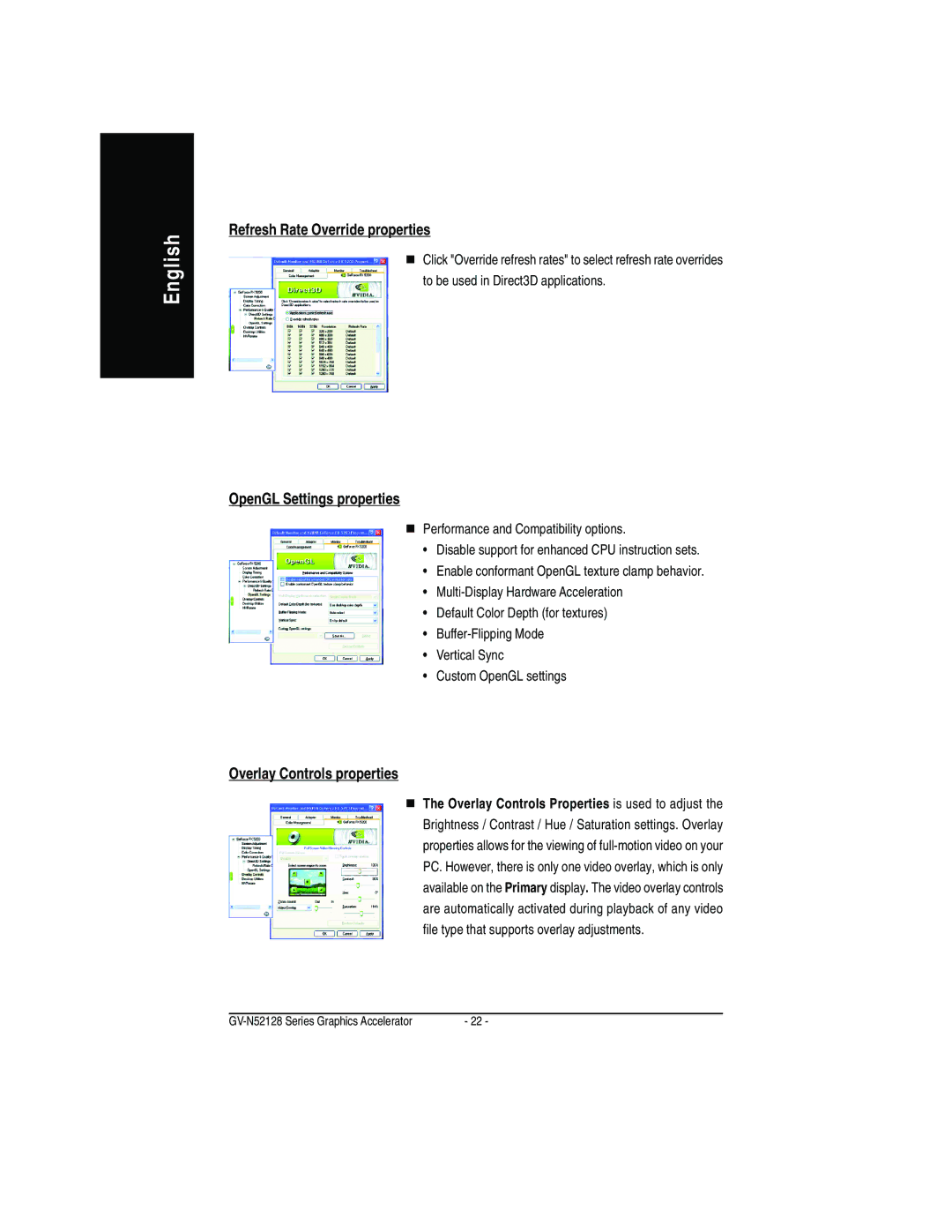 Gigabyte GV-N52128D user manual Refresh Rate Override properties, OpenGL Settings properties, Overlay Controls properties 