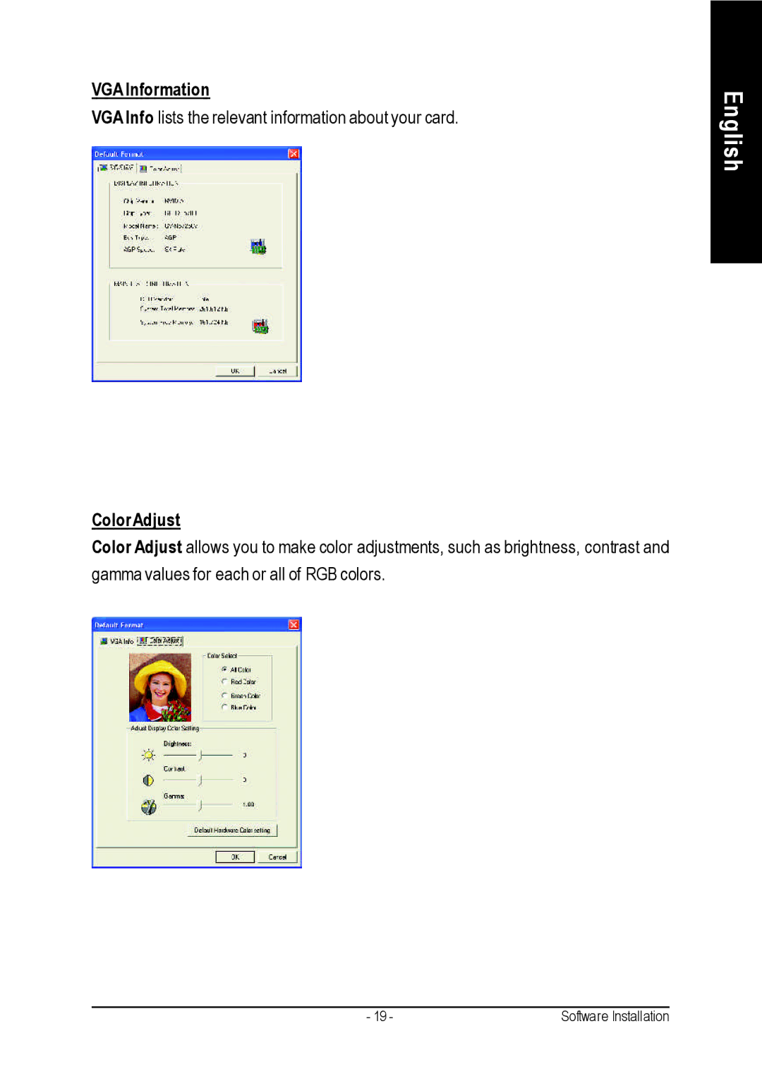 Gigabyte GV-N57128DE, GV-N57256V, GV-N57256DE user manual VGA Information, ColorAdjust 