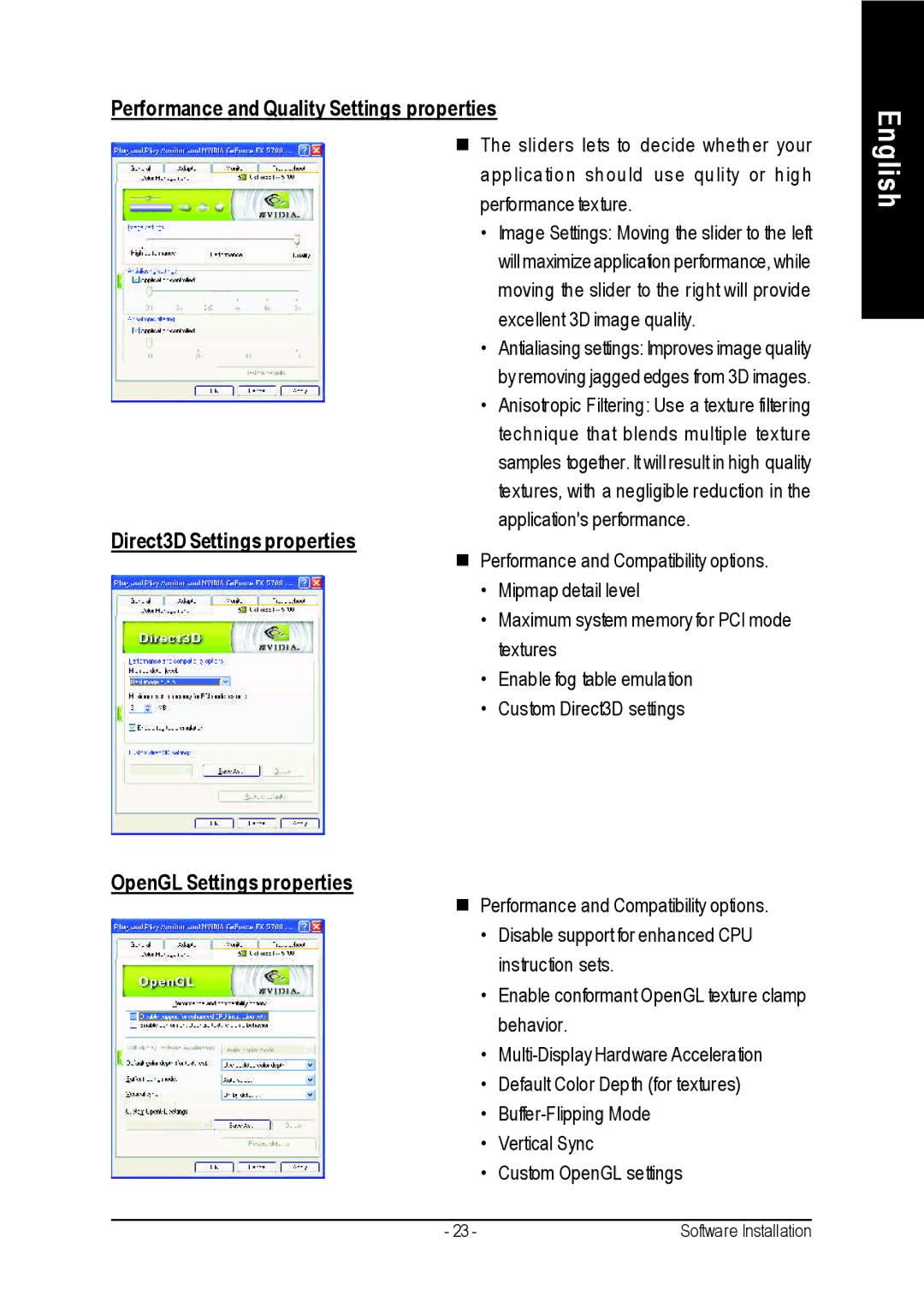 Gigabyte GV-N57256DE Performance and Quality Settings properties, Direct3D Settings properties, OpenGL Settings properties 