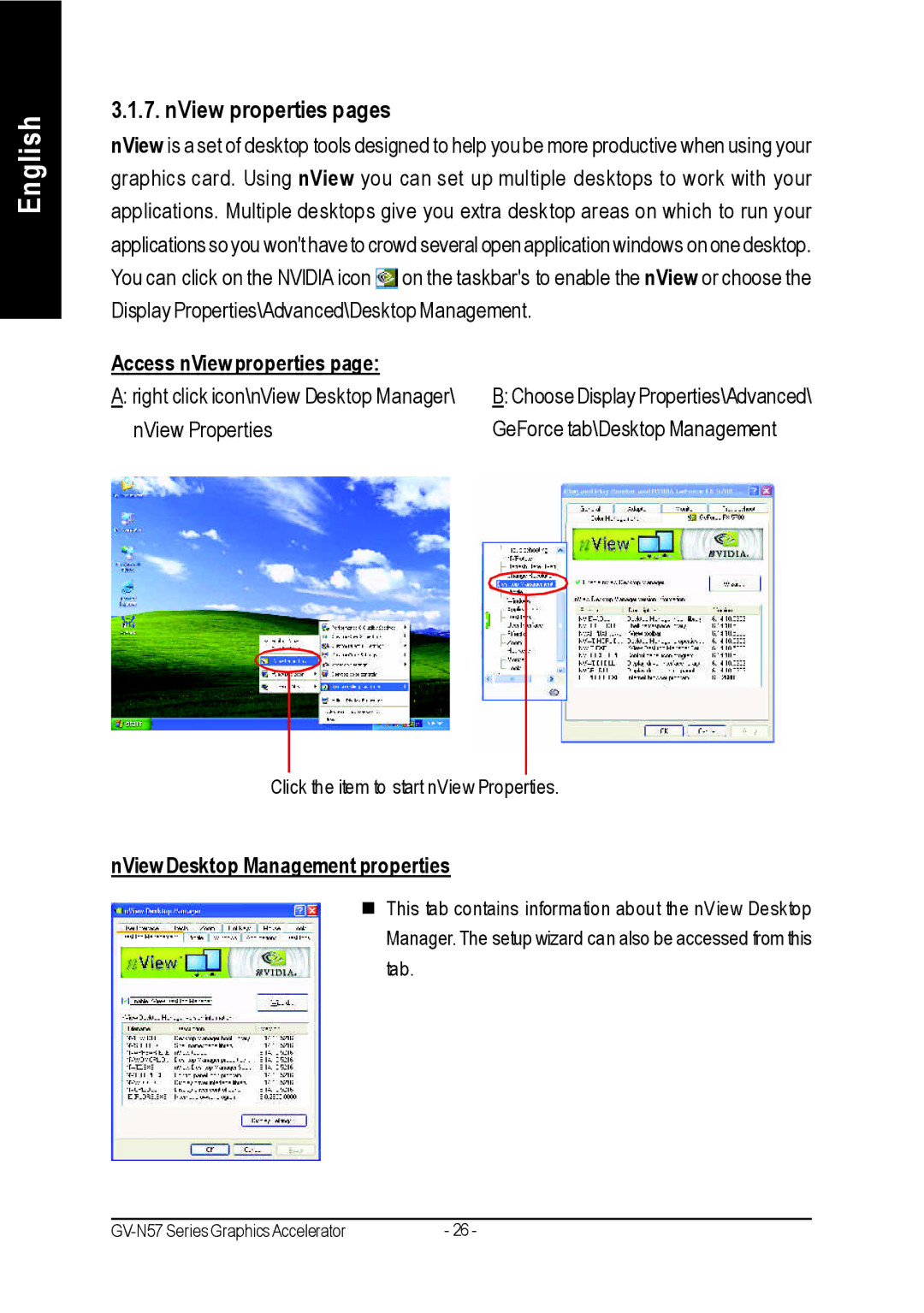 Gigabyte GV-N57256DE, GV-N57256V NView properties pages, Access nView properties, NView Desktop Management properties 