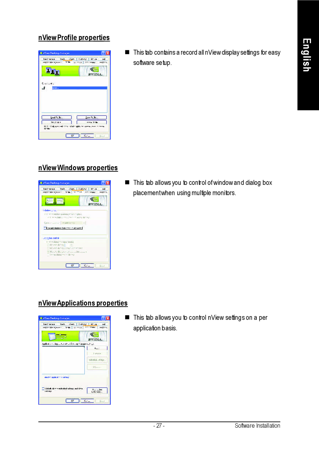 Gigabyte GV-N57256V, GV-N57128DE NView Profile properties, NView Windows properties, NViewApplications properties 