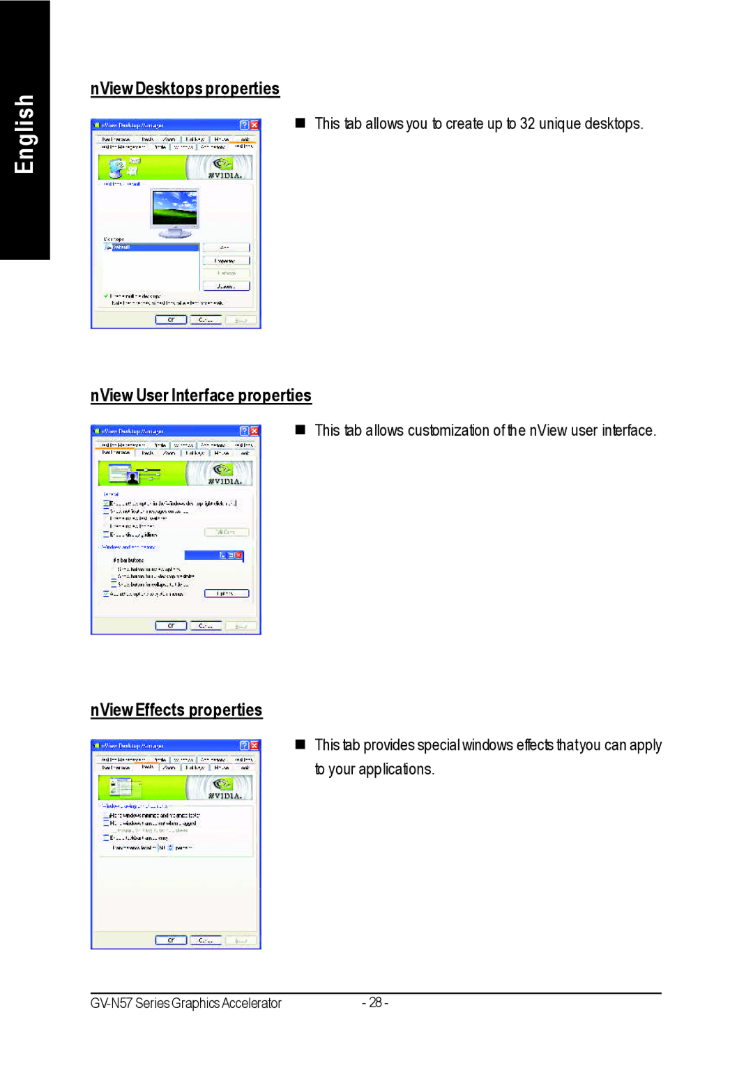 Gigabyte GV-N57128DE, GV-N57256V NView Desktops properties, NView User Interface properties, NView Effects properties 