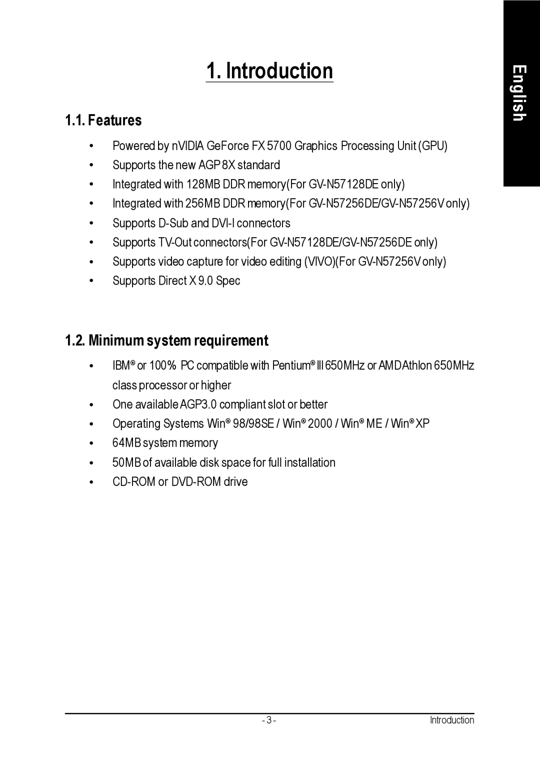 Gigabyte GV-N57256V, GV-N57128DE, GV-N57256DE user manual Introduction, Features, Minimum system requirement 