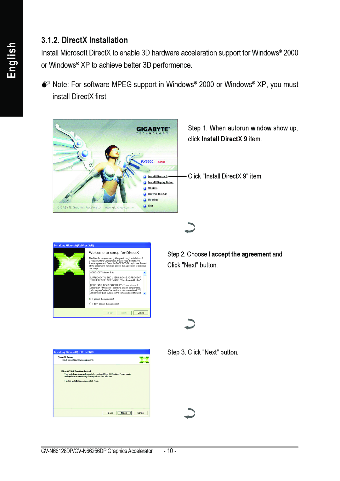 Gigabyte GV-N66128DP, GV-N66256DP user manual DirectX Installation, Choose I accept the agreement 