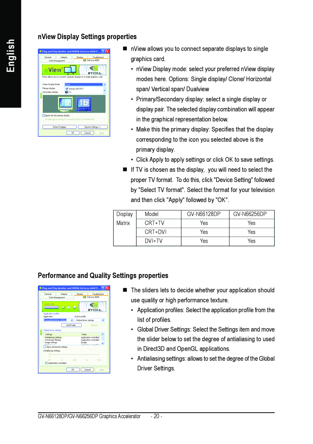 Gigabyte GV-N66128DP, GV-N66256DP user manual NView Display Settings properties, Performance and Quality Settings properties 