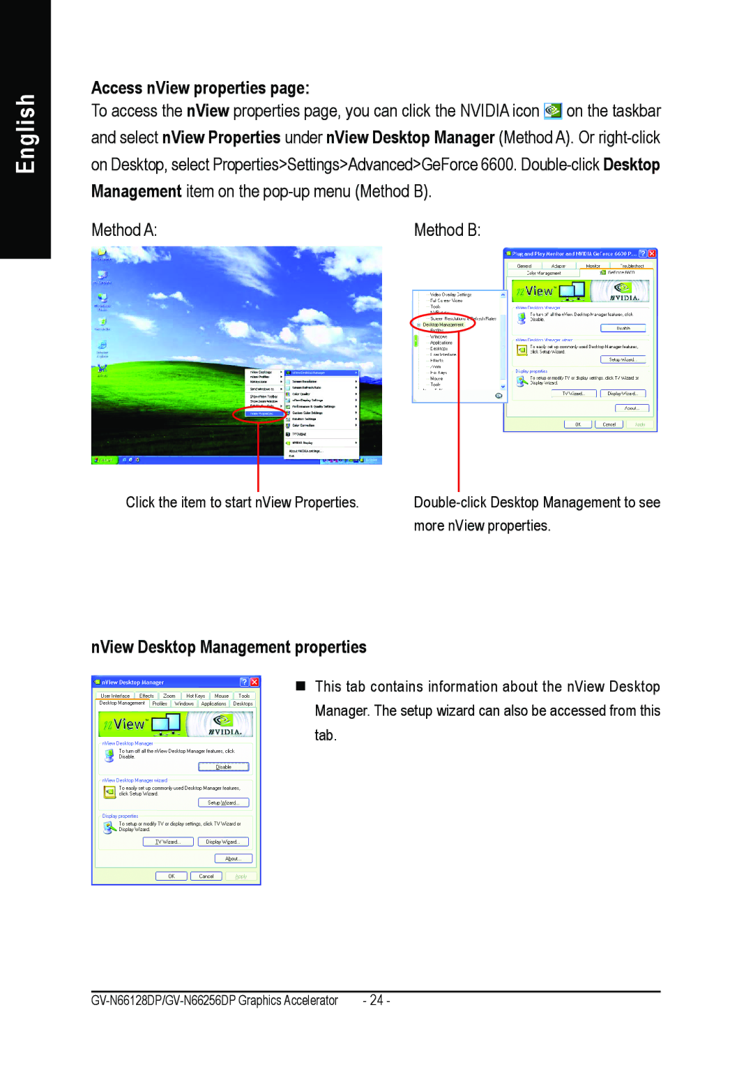 Gigabyte GV-N66128DP, GV-N66256DP user manual Access nView properties, NView Desktop Management properties 