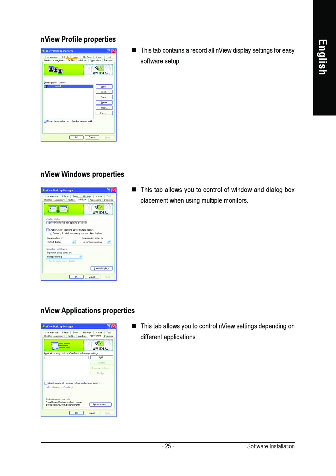 Gigabyte GV-N66256DP, GV-N66128DP NView Profile properties, NView Windows properties, NView Applications properties 