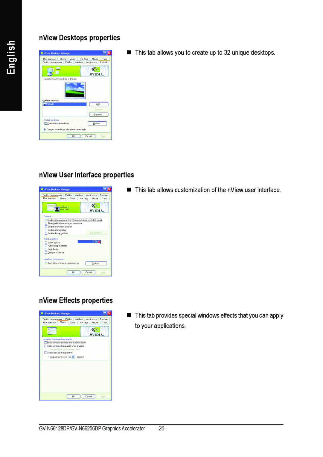 Gigabyte GV-N66128DP, GV-N66256DP NView Desktops properties, NView User Interface properties, NView Effects properties 