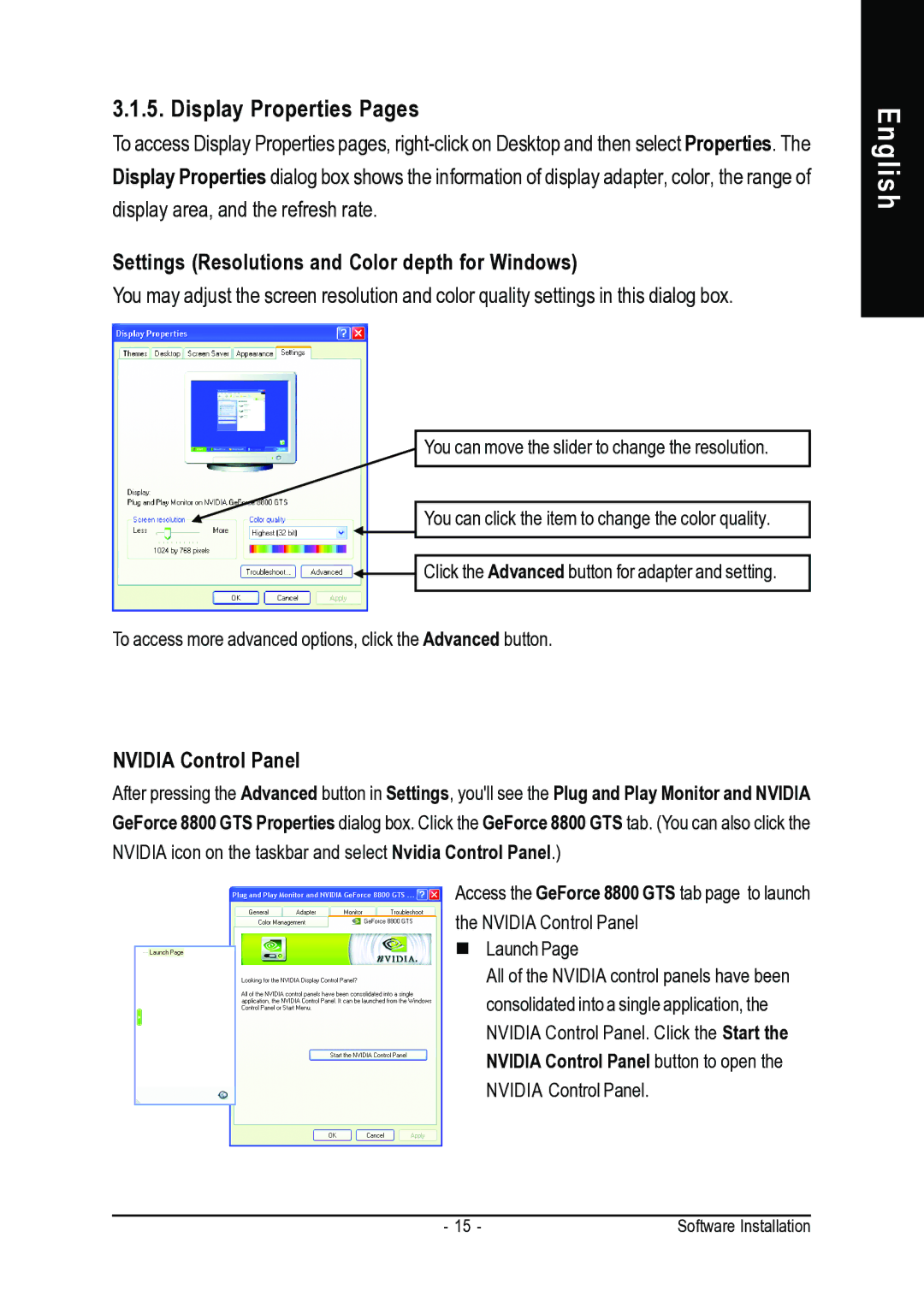 Gigabyte GV-NX88S640H-RH Display Properties Pages, Settings Resolutions and Color depth for Windows, Nvidia Control Panel 