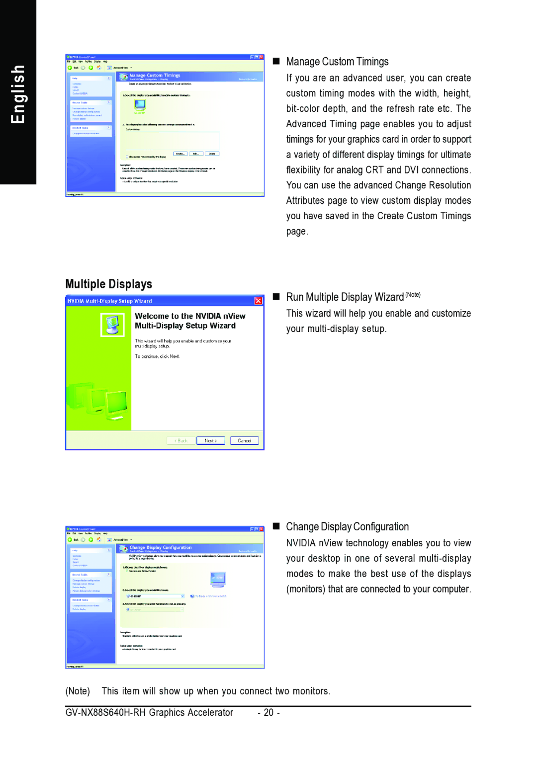 Gigabyte GV-NX88S640H-RH user manual Multiple Displays, „ Manage Custom Timings, „ Run Multiple Display Wizard Note 