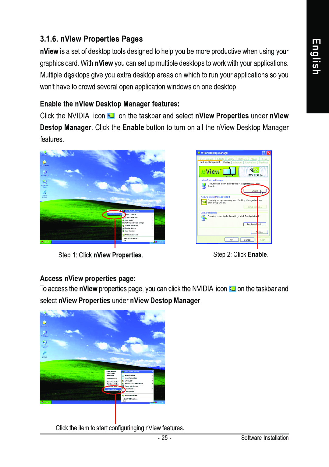 Gigabyte GV-NX88S640H-RH NView Properties Pages, Enable the nView Desktop Manager features, Access nView properties 