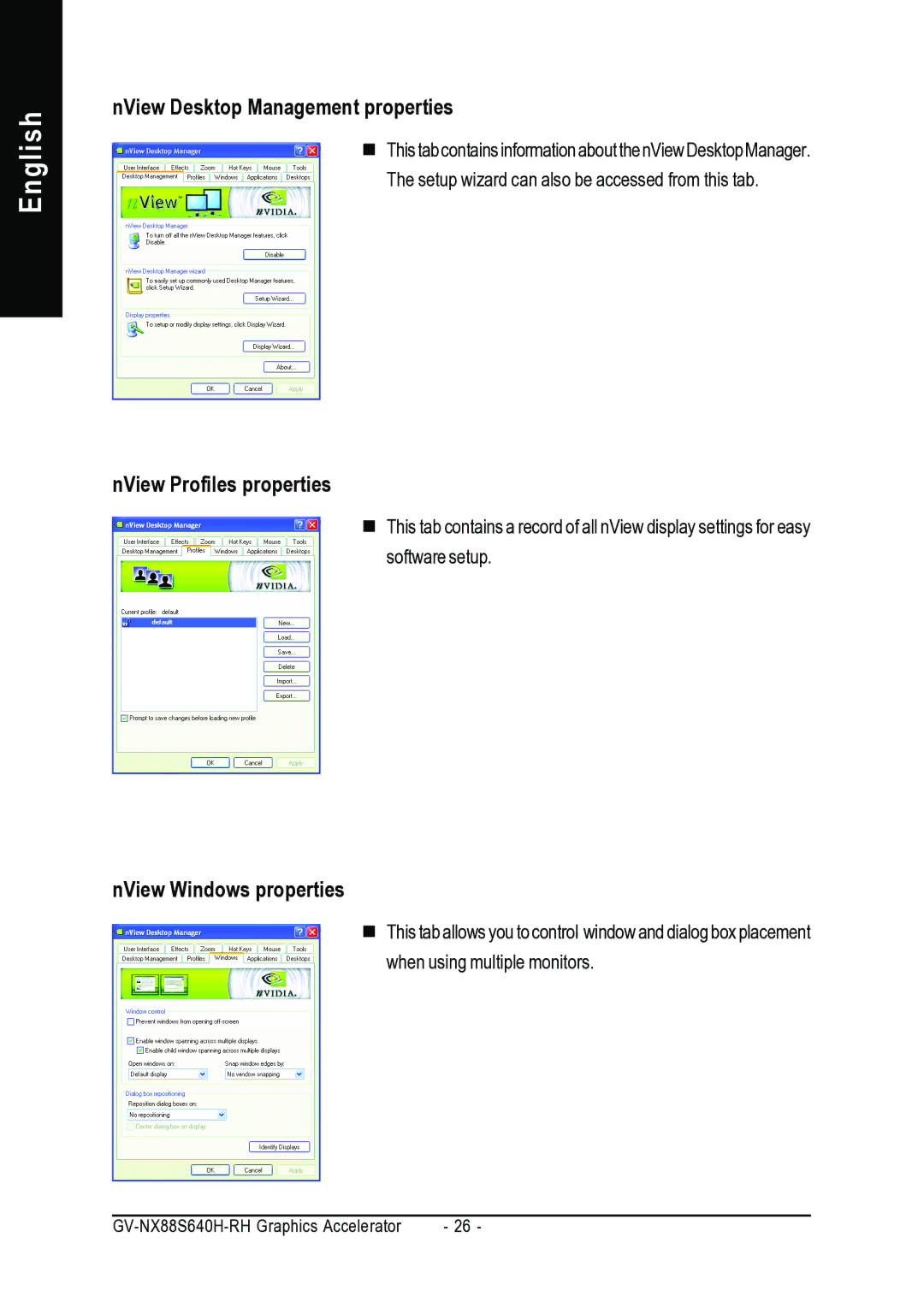 Gigabyte GV-NX88S640H-RH NView Desktop Management properties, NView Profiles properties, NView Windows properties 