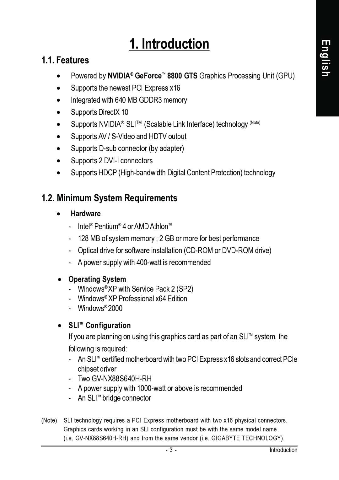 Gigabyte GV-NX88S640H-RH user manual Introduction, Features, Minimum System Requirements 