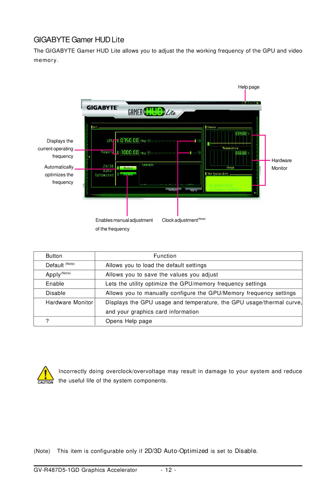 Gigabyte GV-R487D5-1GD user manual Gigabyte Gamer HUD Lite, If 2D/3D Auto-Optimized is set to Disable 