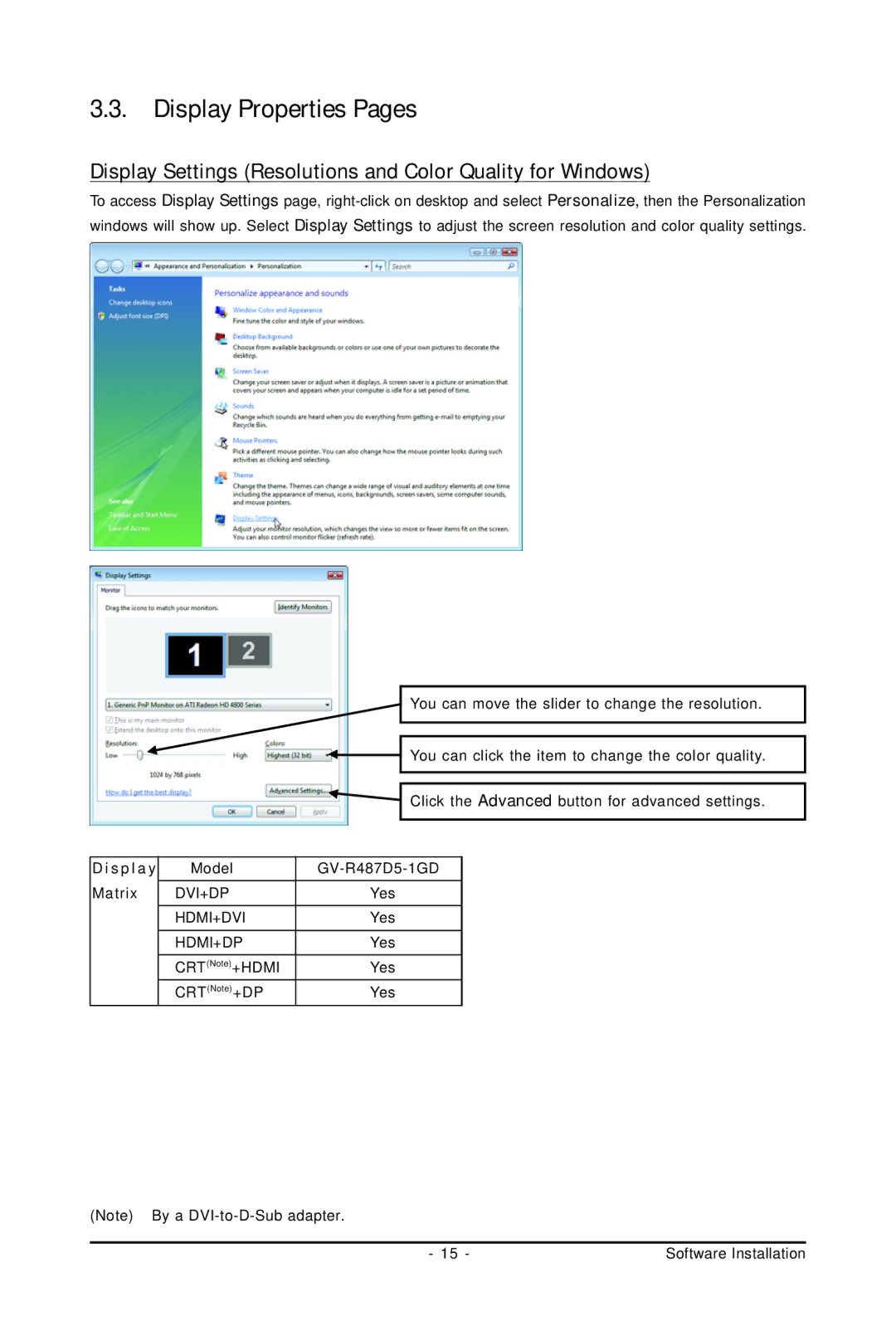 Gigabyte GV-R487D5-1GD user manual Display Properties Pages, Display Settings Resolutions and Color Quality for Windows 