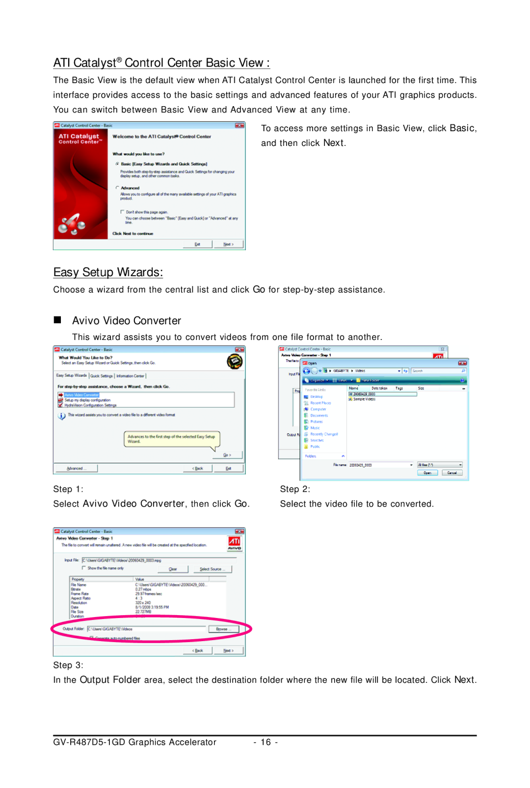 Gigabyte GV-R487D5-1GD user manual ATI Catalyst Control Center Basic View, Easy Setup Wizards, „ Avivo Video Converter 