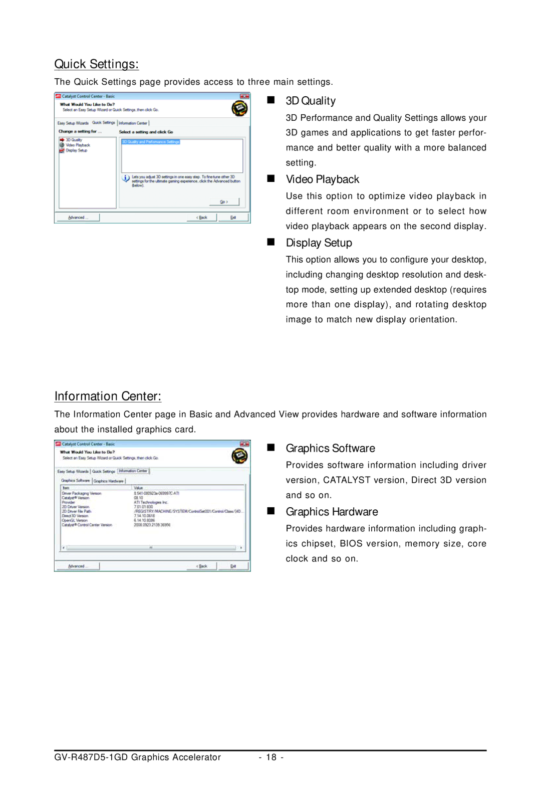 Gigabyte GV-R487D5-1GD user manual Quick Settings, Information Center 