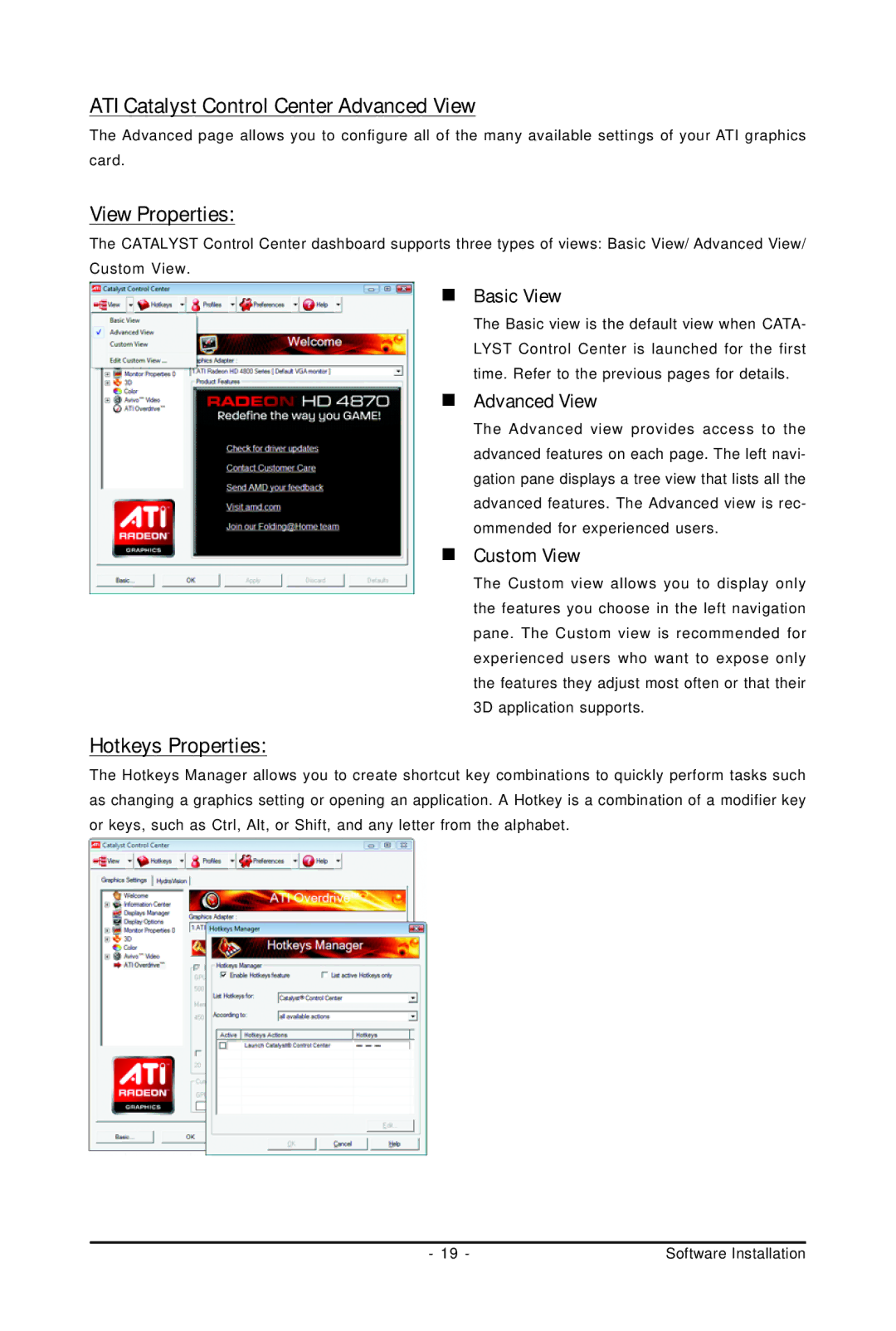 Gigabyte GV-R487D5-1GD user manual ATI Catalyst Control Center Advanced View, View Properties, Hotkeys Properties 