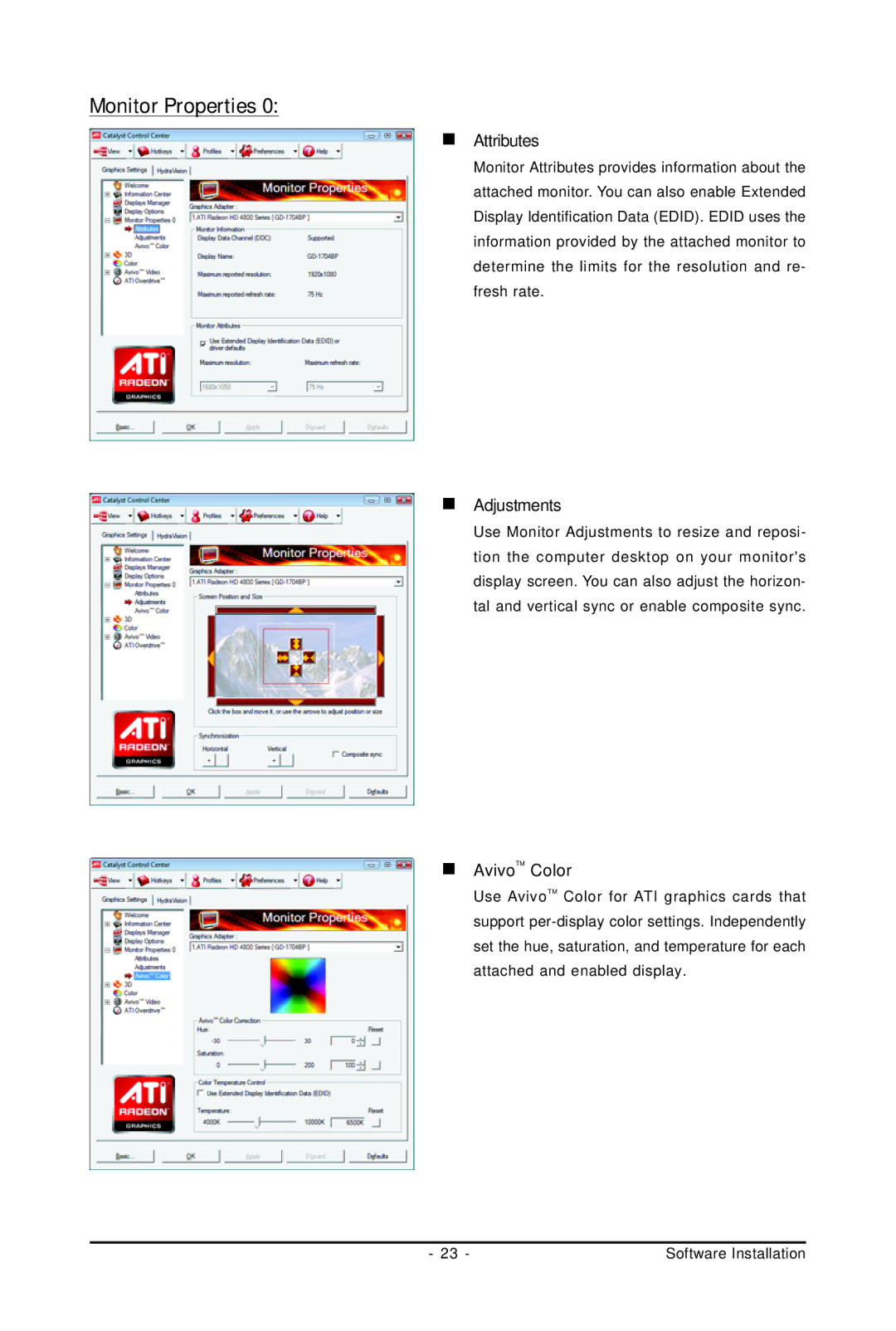 Gigabyte GV-R487D5-1GD user manual Monitor Properties, „ Attributes, „ Adjustments, „ AvivoTM Color 