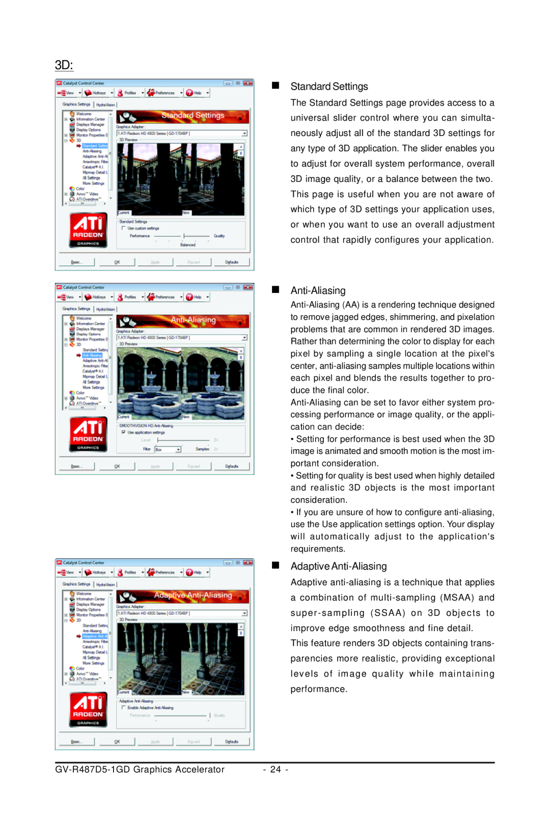 Gigabyte GV-R487D5-1GD user manual „ Standard Settings, „ Anti-Aliasing, „ Adaptive Anti-Aliasing 