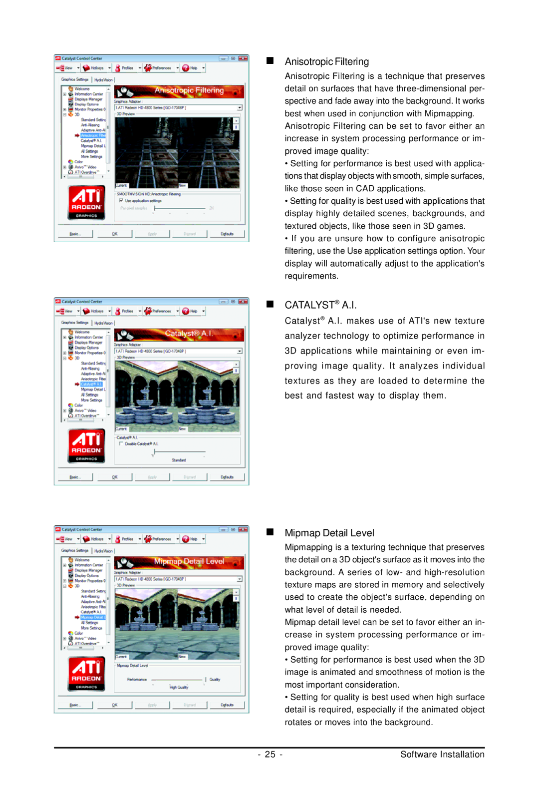 Gigabyte GV-R487D5-1GD user manual „ Anisotropic Filtering, „ Mipmap Detail Level 