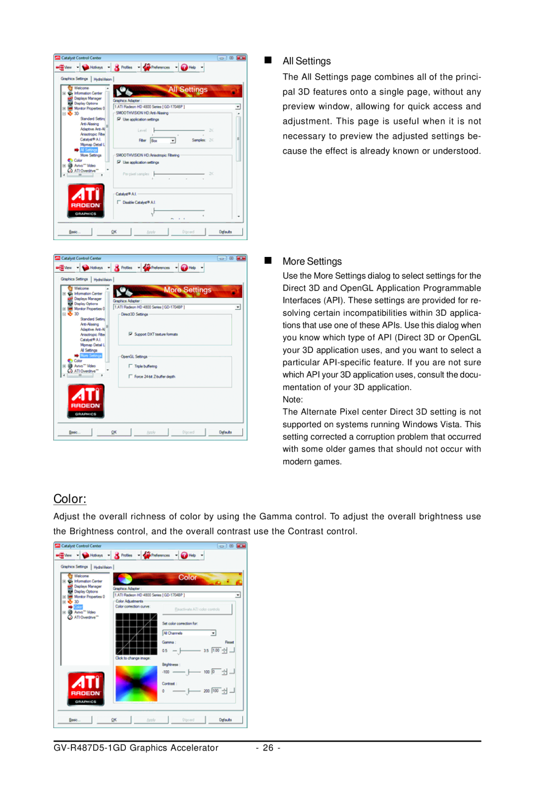 Gigabyte GV-R487D5-1GD user manual Color, „ All Settings, „ More Settings 