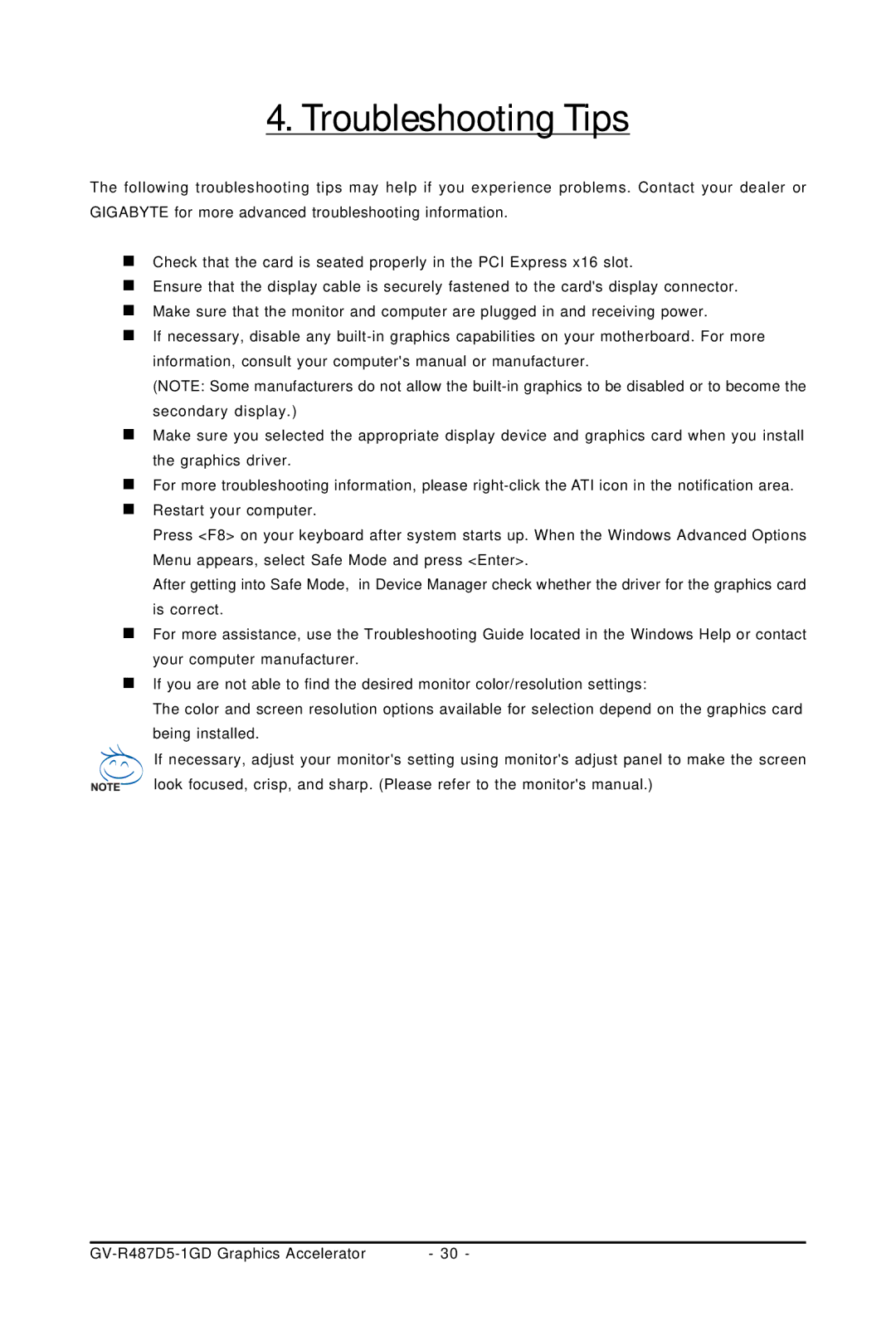 Gigabyte GV-R487D5-1GD user manual Troubleshooting Tips 