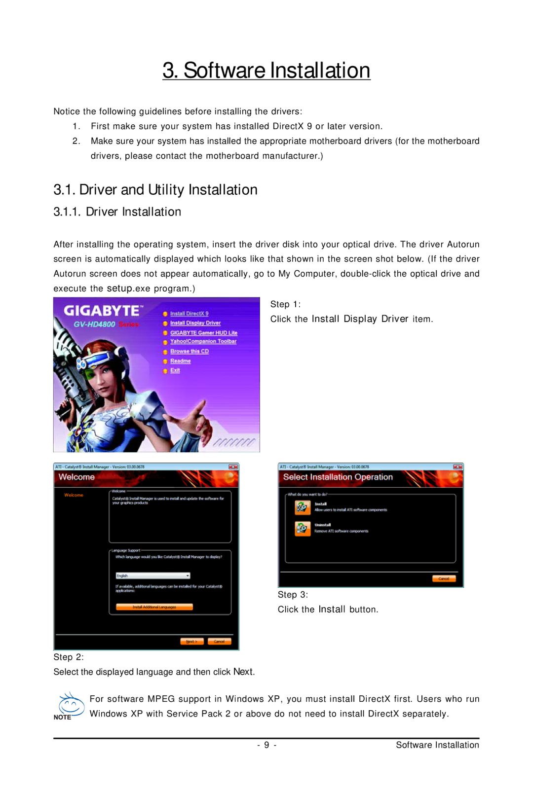 Gigabyte GV-R487D5-1GD user manual Software Installation, Driver and Utility Installation, Driver Installation 