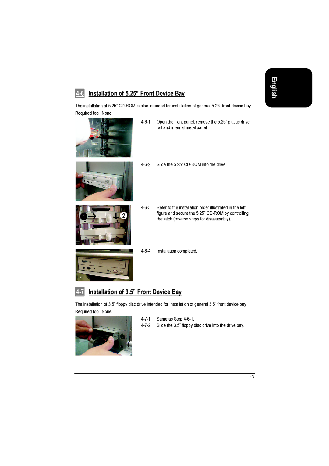 Gigabyte GZ-FSCA1-SN, GZ-FSCA1-AN user manual 6Installation of 5.25 Front Device Bay, 7Installation of 3.5 Front Device Bay 