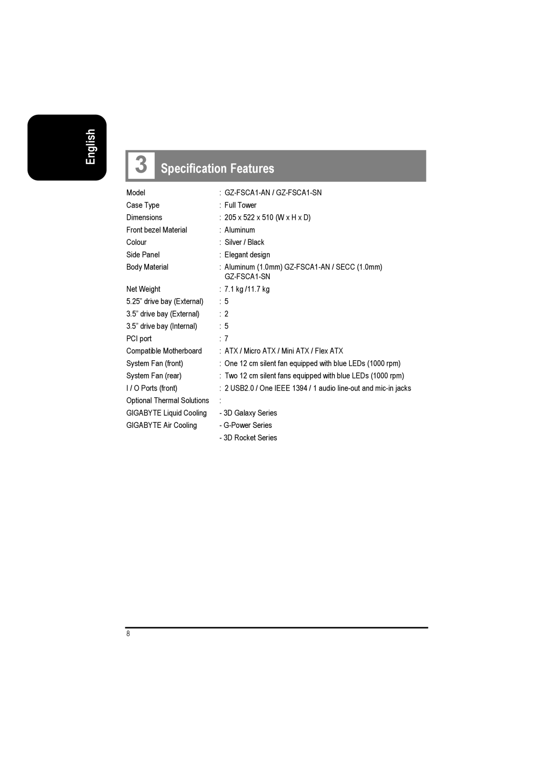 Gigabyte user manual Specification Features, GZ-FSCA1-AN / GZ-FSCA1-SN 