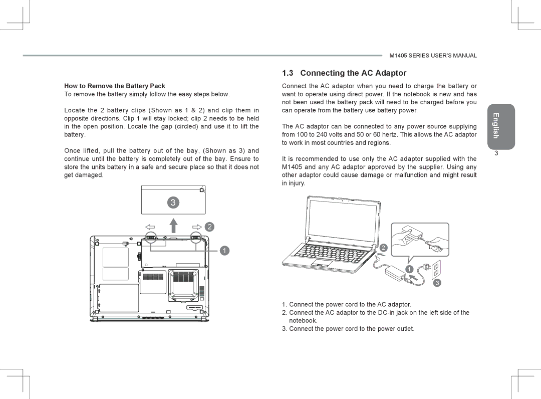 Gigabyte M1405 user manual Connecting the AC Adaptor, How to Remove the Battery Pack 