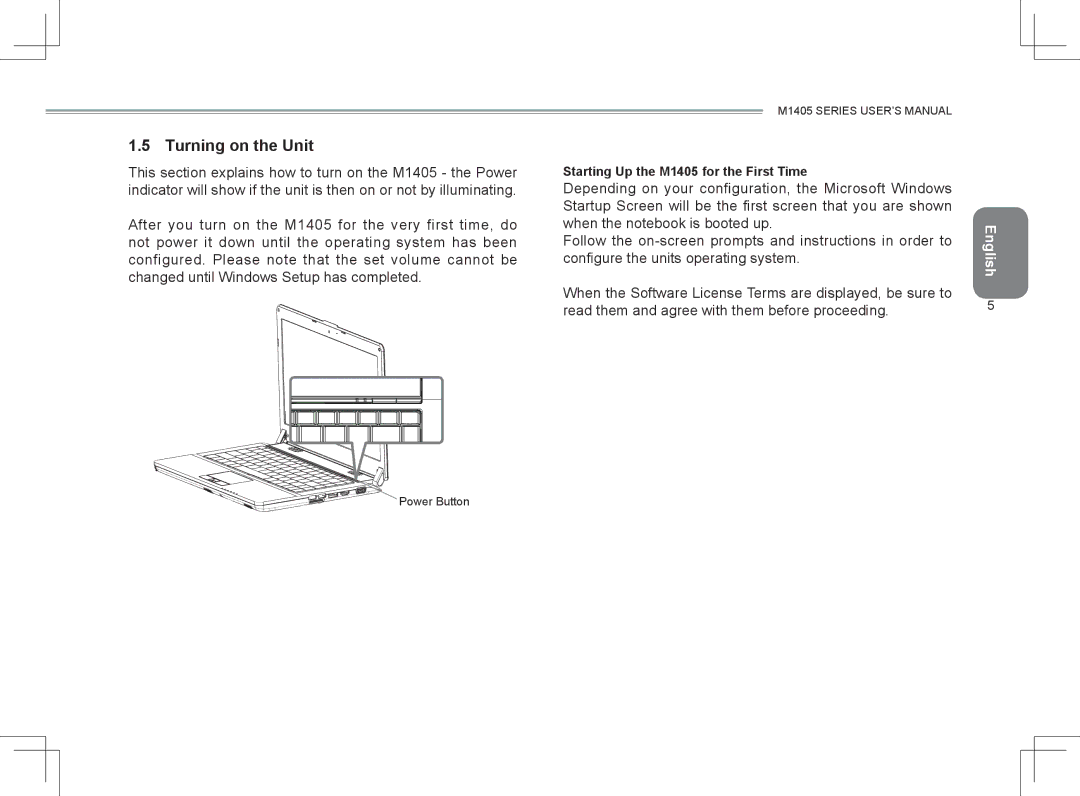 Gigabyte user manual Turning on the Unit, Starting Up the M1405 for the First Time 